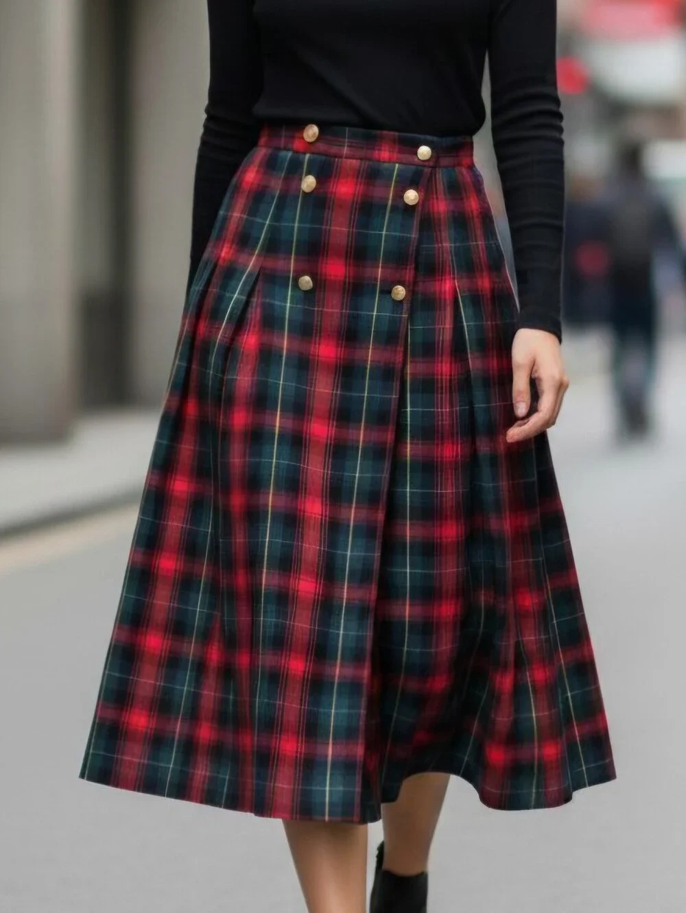 Vtg Preston & York Wool Wrap Skirt Sz 14 Plaid Tartan Gold Button Midi Unlined